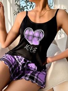 Nora Wilde Women's Heart Plaid Print Camisole And Shorts Sleepwear Set - Multicolor - View 3