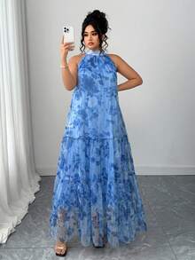 Elenzga Gaun Jala Motif Bunga Segar Dua Lapis Tanpa Lengan Tenun Elegan untuk Wanita Ukuran Plus - Dusty Blue - View 3