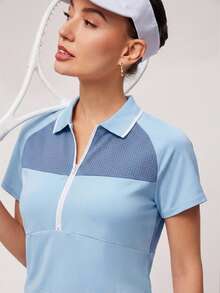 Activina Women's Contrast Color Lapel Short Sleeve Sports Polo Shirt Suitable For Sports And Fitness - Baby Blue - View 7