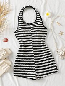 Teen Girls Casual White Base Daily Vacation Beach Seaside Halter Neck Fitted Striped Short Jumpsuit - Black and White - View 1