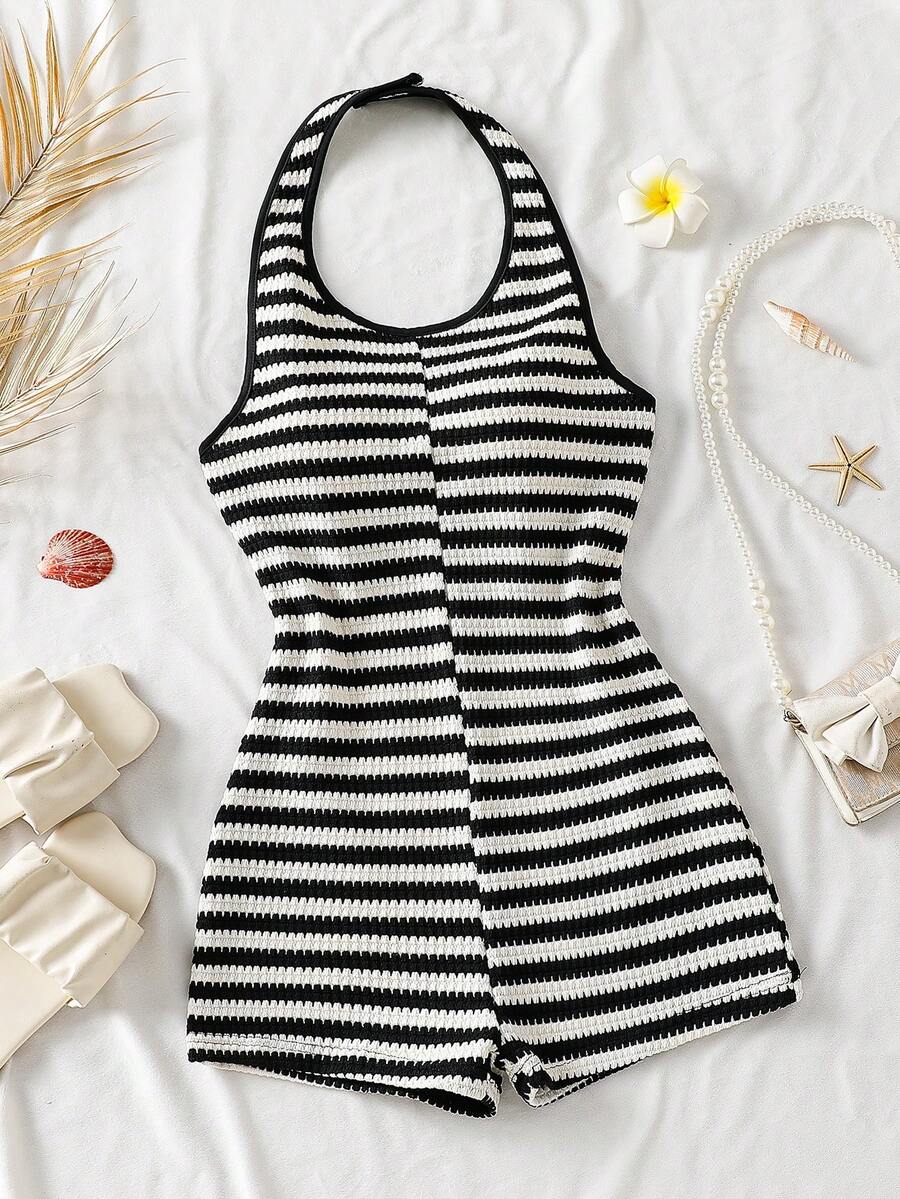 Teen Girls Casual White Base Daily Vacation Beach Seaside Halter Neck Fitted Striped Short Jumpsuit - Black and White - View 1