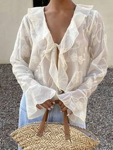 Livesso Apricot V-Neck Tie Waist Textured Fabric Women Shirt - Apricot - View 5