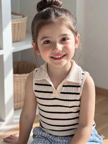 Elladie kids 少女休閒優雅小V領翻領無袖條紋修身背心上衣，杏色條紋背心，適合日常休閒穿著 - 彩色 - 查看 4
