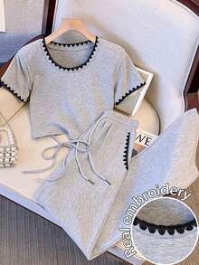 Franclia Top de manga raglán de cuello redondo a juego + Pantalones de pierna recta con bolsillos en diagonal - Gris - Ver 1