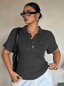 Dazy Plus Solid Color Stretch Slim Fit Sexy Blogger Casual POLO Collar Half-Open Placket Short Sleeve Plus Size Women Spring Summer Dark Grey T-Shirt - Dark Grey - View 3