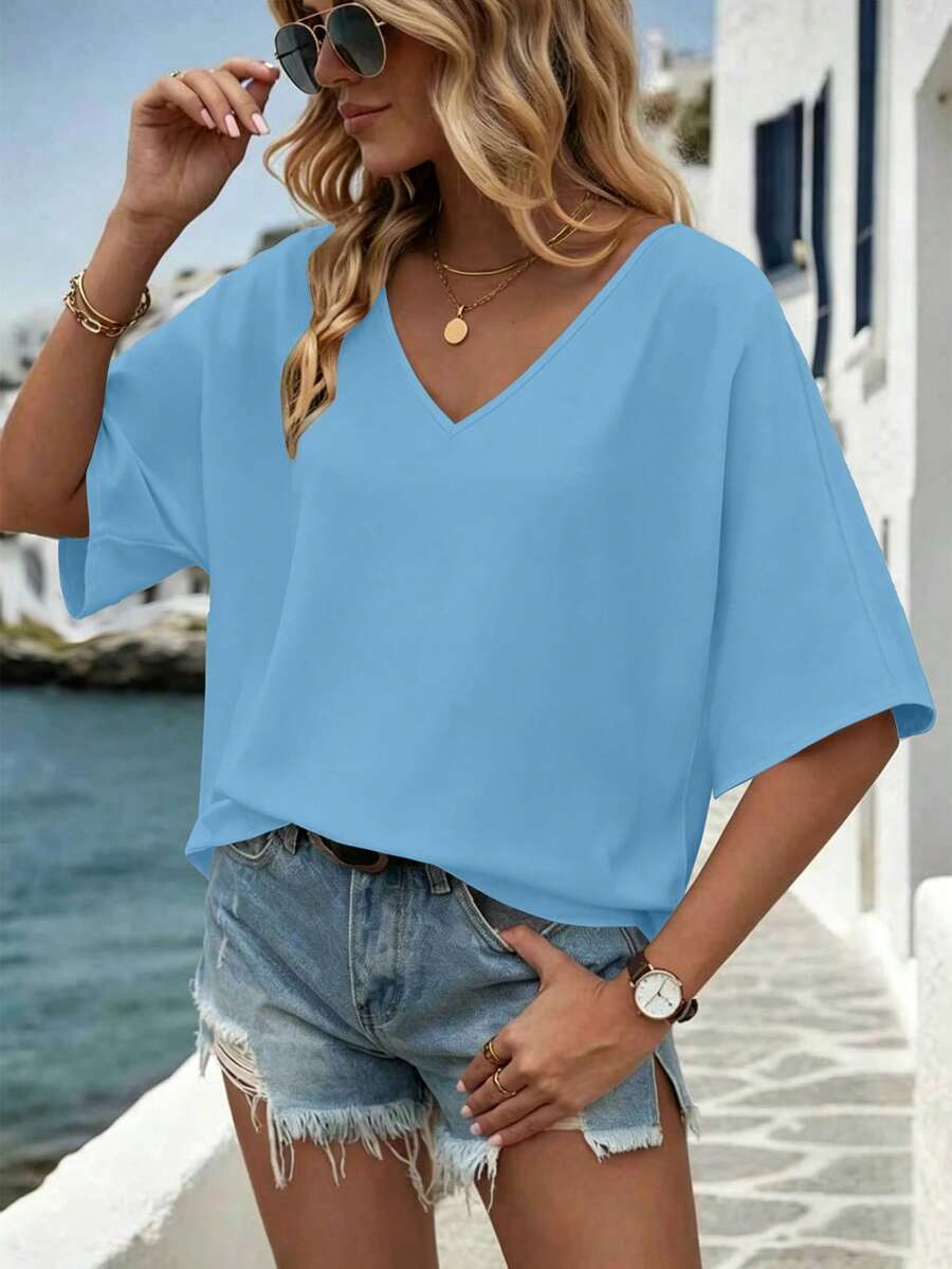 EMERY ROSE Women's Solid Color V-Neck Batwing Sleeve Summer Casual Shirt, Vacation Style Plus Size Top - Blue - View 1