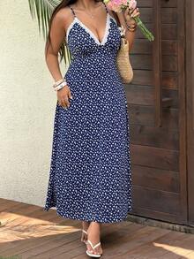 Sunnyshic Plus Size Women's Navy Blue Ditsy Floral Maxi Dress With White Lace Trim, 3D Flower Decor, V-Neck, Spaghetti Straps, Backless, Cinched Waist, A-Line - Navy Blue - View 5