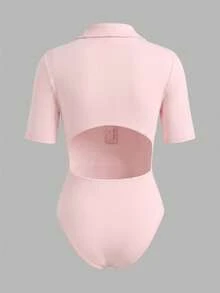 Franclia Women's Solid Color Button Half-Placket Short Sleeve Casual Bodysuit - Pink - View 5