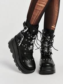 ROMWE Grunge Punk Women Heeled Sandals Punk Style Dark PU Riveted Platform Riding Boots Women Small Height Goth Metal Handsome Locomotive Boots Babes Fried Street Small Boots - Black - View 2