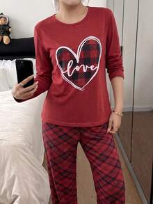 100% Cotton 2Pcs  Heart Printed Shirt And Plaid Printed Sleep Bottom PJ Set - 紅木色 - 查看 6