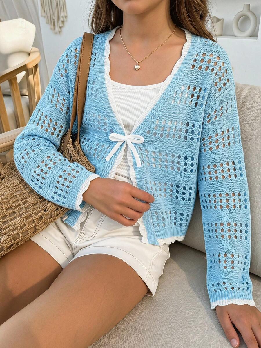 SHEIN 少女针织休闲V领开衫 - 彩色 - 查看 1