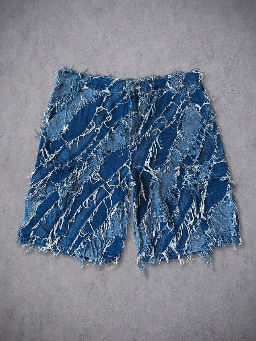 Manfinity Denimwave 大尺碼美式風格提花流蘇水洗藍牛仔短褲 - 藍色 - 查看 1