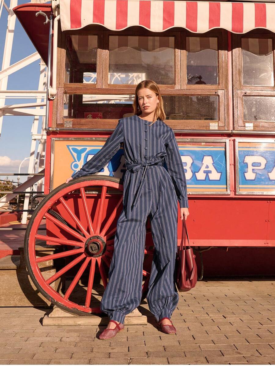 Nöista Navy Striped Jumpsuit With Tie Waist And Button Front. Fall, Office Wear And Travel Style. - Blue - View 1