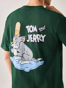 Strevion TOM & JERRY 男士休闲百搭汤姆和杰瑞图案印花圆领短袖T恤 - 墨綠色 - 查看 3