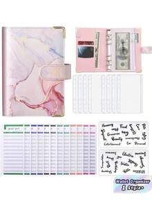 1 PC 8 Zipper Cash Envelopes 12 Expense Tracker Sheets 2 Alphabet Stickers Marble Pattern Faux Leather Budget Binder Planner For Back To School Money Saving Budgeting Cash Stuffing Wallet Organizer Trending Now - Pink - View 1