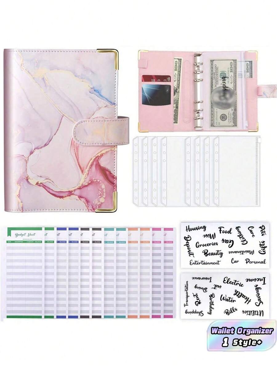1 PC 8 Zipper Cash Envelopes 12 Expense Tracker Sheets 2 Alphabet Stickers Marble Pattern Faux Leather Budget Binder Planner For Back To School Money Saving Budgeting Cash Stuffing Wallet Organizer Trending Now - Pink - View 1