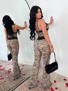 SHEIN SXY 女款斑馬紋蕾絲拼接吊帶上衣與長褲套裝 - 彩色 - 查看 2