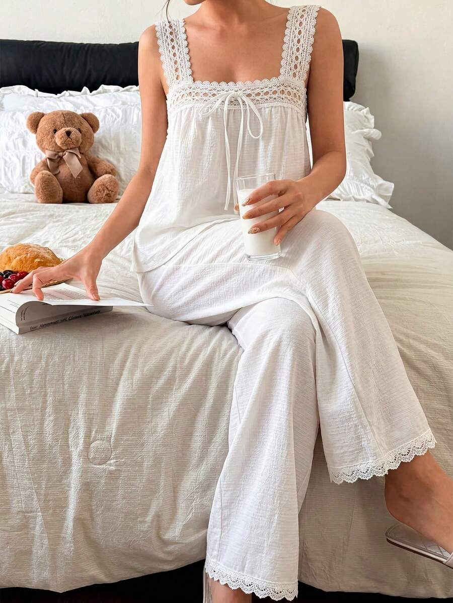 Napfluff White Embroidered Wide Strap Splice Bow Decor Jumpsuit Women Pajama Set - White - View 1