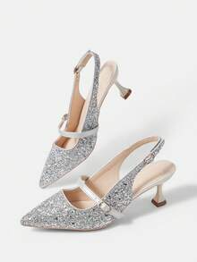 CUCCOO HITCHD WomenShoes Spring And Summer New Romantic Elegant Silver Glitter PU Stiletto Shoes Dress Shoes Bridal Shoes Wedding Season Party Wear - Silver - View 12
