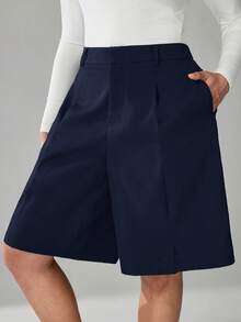 SHEIN Tall CURVE Pantalones cortos casuales de unicolor para tallas grandes en verano - Azul Marino - Ver 5