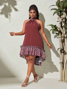 Maweii Plus Size Women's Printed Ruffle Patchwork Halter Neck Tie Front Short High-Low Sleeveless Dress Beach Burgundy Summer Boho - Multicolor - View 6