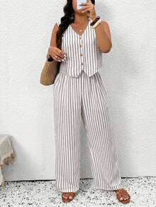 SHEIN Frenchy Women's Plus Size Striped Single-Breasted Blazer Vest And Casual Trousers Set - Black - View 6