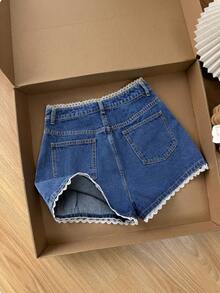 GlowEve Women's Summer Casual Colorblock Lace Trim Denim Shorts - Royal Blue - View 3