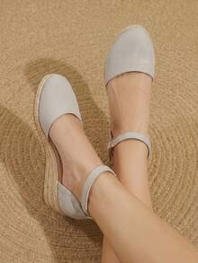 Styleloop 女士坡跟厚底鞋 春夏新款 增高显瘦 包头低帮设计 圆头 5.5cm坡跟 舒适高跟 亚麻材质 纯色 女士鞋 日常通勤 购物 约会必备 - 灰色 - 查看 4