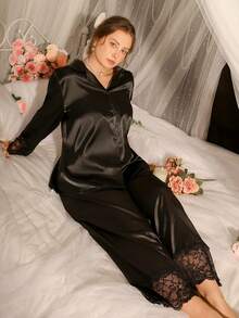 DelicateAllure Plus Size Women Elegant & Sexy Lace Patchwork Satin Top & Pants Pajama Set Holiday Season, Fall Winter Clothes - Black - View 1