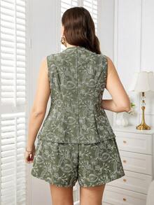 Ellevyn Bộ 2 món áo vest gile đơn ngực và quần short họa tiết hoa phong cách thường ngày cho nữ size lớn - Nhiều màu - Xem 3