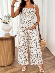SHEIN Jumpsuit Hamil Bermotif dengan Kaki Lebar dan Fungsi Menyusui, Cocok untuk Dipakai Sehari-hari dan Liburan Musim Panas. - Krem - View 6