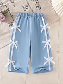 SHEIN Conjunto de 2 piezas de camiseta de cuello redondo con decoración de lentejuelas de mariposa azul y pantalones de punto con lazo en la cintura para niñas bebés, conjunto de ropa deportiva de moda para otoño/invierno - Blanco - Ver 5