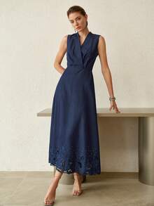 MOTF PREMIUM SPRING/SUMMER ELEGANT V-NECK EMBROIDERED RHINESTONE A-LINE DRESS DINNER DATE NAVY BLUE - Blue - View 2
