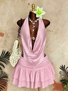 Sunspun Cerise Pink Summer Elwgant Vacation Holiday Satin Metal Buckle Draped Neck Tie Camisole Top&Printed Pleated Double Layer Hem Mini Skirt 2pcs Outfit - Pink - View 4