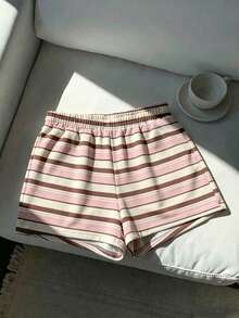 Comfortcana Casual Minimalist Pink Brown Striped Print Pattern Women's Casual Shorts Suitable For Summer - Multicolor - View 4