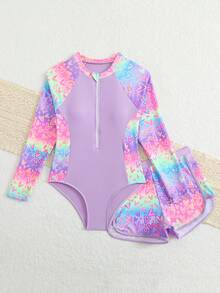 SHEIN 青少年女孩一件式長袖花卉愛心印花拉鍊連身泳衣 - 紫色 - 查看 5