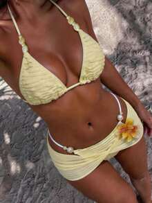 Zestiva Women's Bikini Set White Summer Casual Sexy Beach Golf Vacation Holiday Striped Fabric With Beads Floral Tropical Sweet Fashionable Swimming Suit - Yellow - View 5