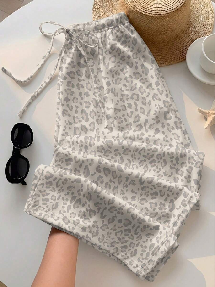 SHEIN EZwear 女士休闲系带直筒裤,适合夏季穿着 - 彩色 - 查看 1