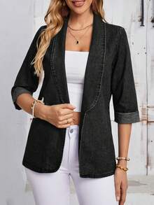 EMERY ROSE Chaqueta de Mezclilla Lavada Casual Talla Grande - Negro - Ver 4