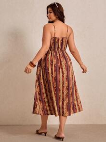 Elaquor 大尺碼女款開衩復古印花度假細肩帶洋裝 - 彩色 - 查看 3