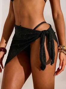 Opulessa Women's Summer Beach Sequin Decorated Solid Color Tie-Up Wrap Skirt - Black - View 2