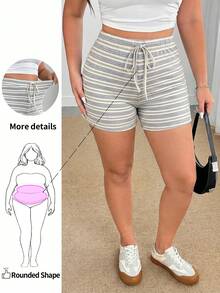 Enliva Plus Size Women Striped Knit Shorts, Autumn Apparel, Back To School Season, Tight 7/8 Pants, For Apple And Rounded Body Shape - Multicolor - View 7