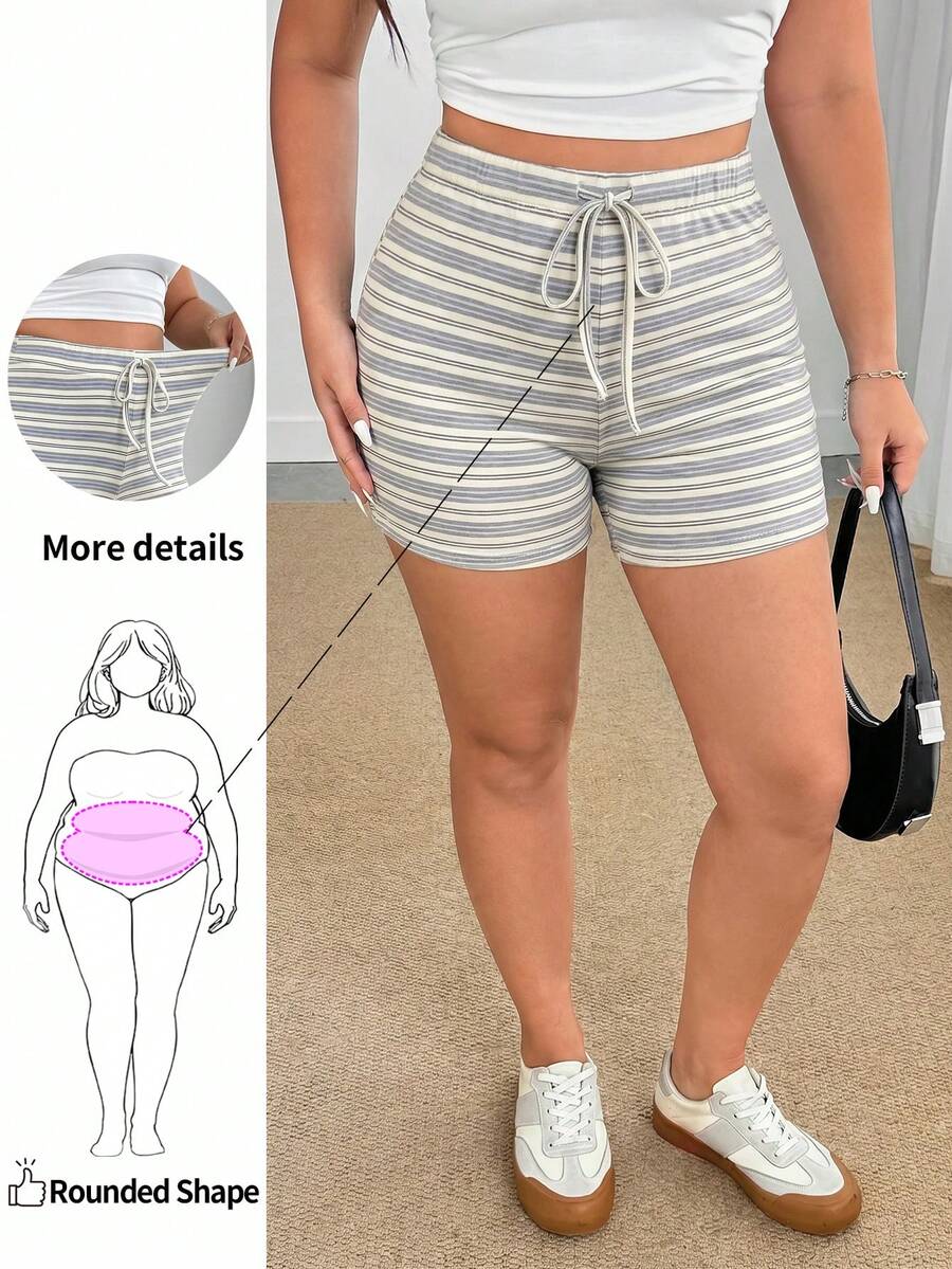 Enliva Plus Size Women Striped Knit Shorts, Autumn Apparel, Back To School Season, Tight 7/8 Pants, For Apple And Rounded Body Shape - Multicolor - View 1