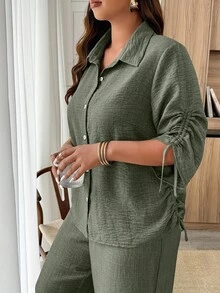Weeklong Camisa minimalista de talla grande para mujer con manga de cordón y lazo para primavera/verano, estilo commuter - Verde militar - Ver 4