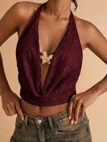 SHEIN BAE Top halter sexy de verano para mujer con cuello de volantes de encaje y espalda descubierta - Granate - Ver 5