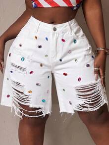 Slaydiva Plus Size Women's Colorful Rhinestone Decor Pocket Distressed Frayed Denim Shorts - White - View 1
