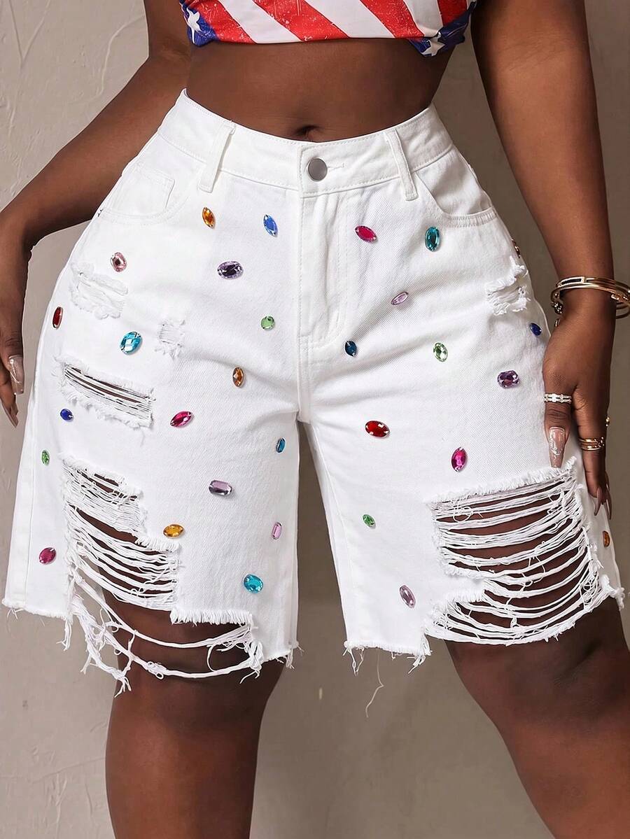 Slaydiva Plus Size Women's Colorful Rhinestone Decor Pocket Distressed Frayed Denim Shorts - White - View 1