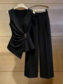 SHEIN 女款黑色高級無袖上衣寬腿褲套裝，夏季收腰顯瘦優雅大方兩件式穿搭，適合教師節晚餐 - 黑色 - 查看 3