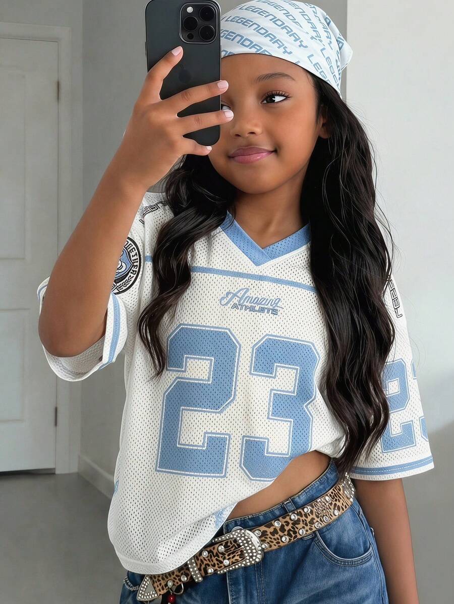 Young Girls Casual Loose Fashion Blue Digital Print Jersey Top T-Shirt - Blue - View 1