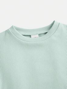 SHEIN 青少年女孩夏季可愛休閒灰色套裝：短袖短版上衣與百褶迷你裙，夏季 - 綠色 - 查看 7